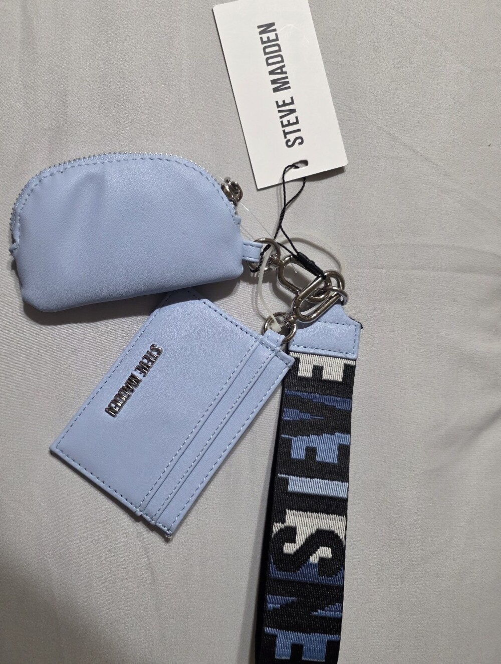 Steve Madden Light Blue Card Holder and Coin Pouch Keychain with Branded Strap